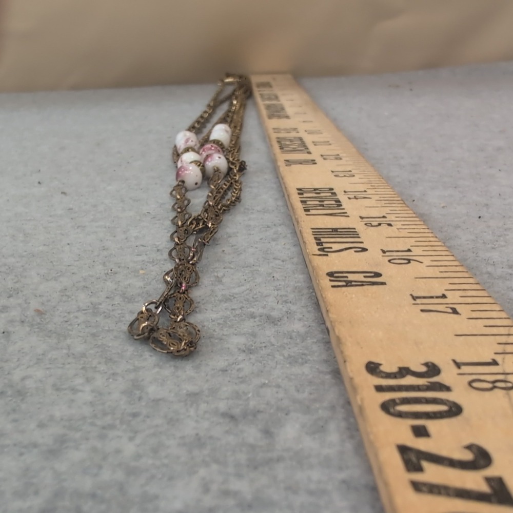 Vintage Gold Tone Filigree Chain Necklace with White Pink Beads Accents - Picture 4 of 4